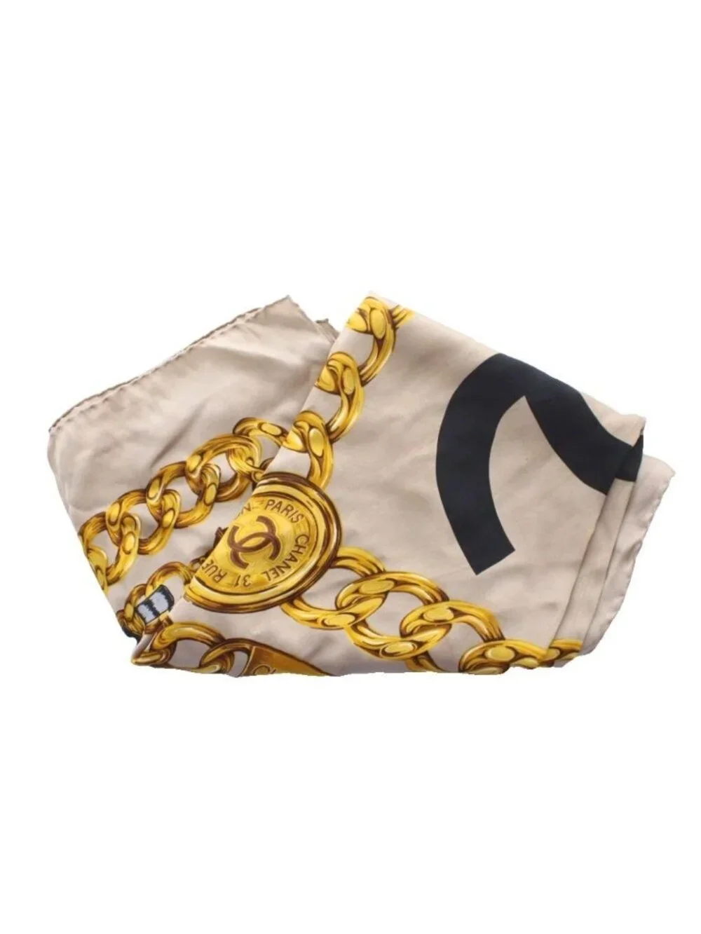 Chanel Large Scarf Shawl CC Logo Chain All Over Print Beige Yellow Black